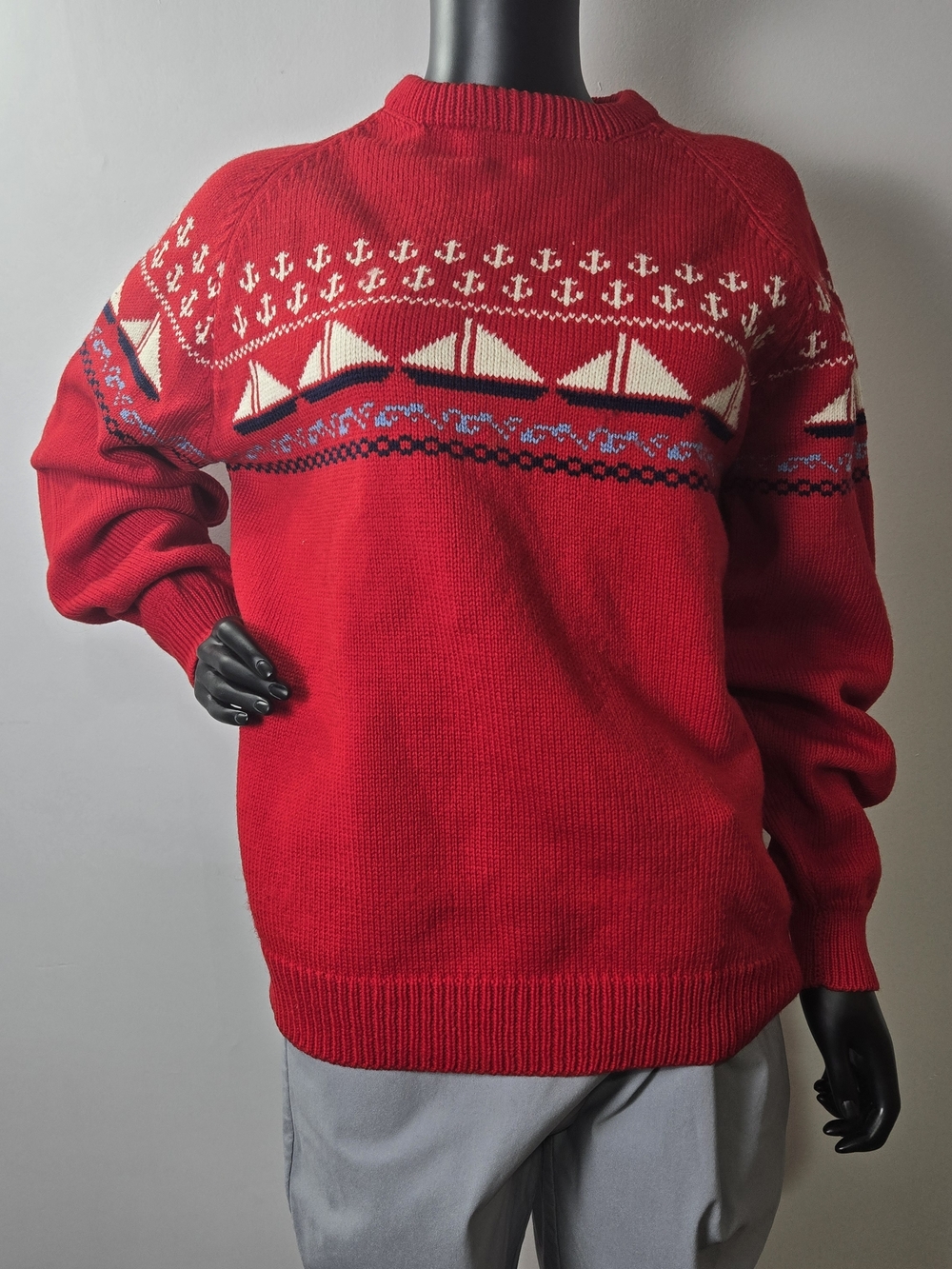 Men's 100% Wool Red Nautical Crewneck Sweater - Picture 4 of 11